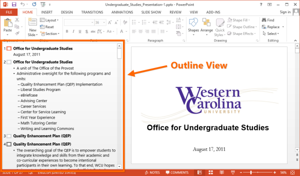 how to display the presentation outline in powerpoint